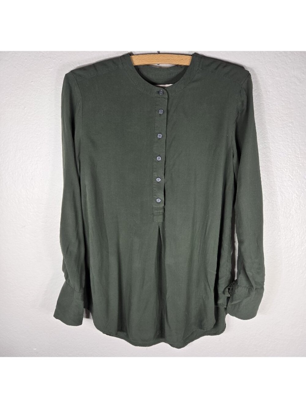 LOFT Olive Green Button Up Tunic Top Tie Long Sleeve Rayon Size S